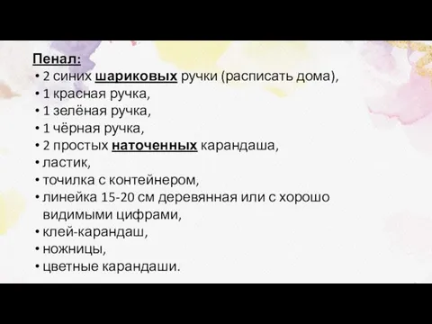 Пенал: 2 синих шариковых ручки (расписать дома), 1 красная ручка, 1