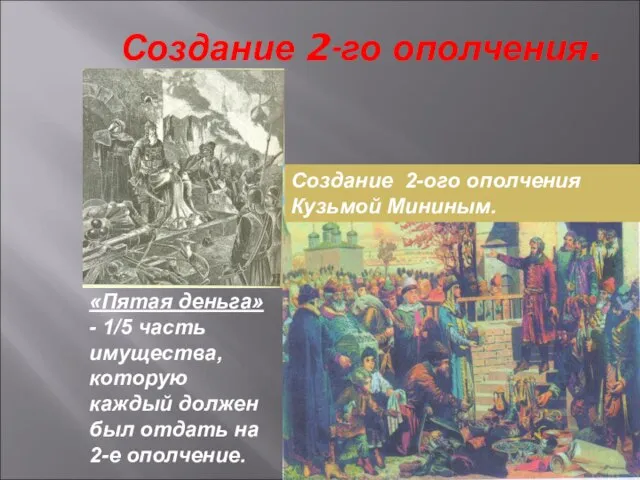 Создание 2-го ополчения. Создание 2-ого ополчения Кузьмой Мининым. «Пятая деньга» -