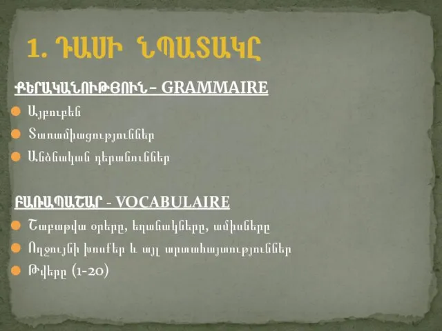 ՔԵՐԱԿԱՆՈՒԹՅՈՒՆ- GRAMMAIRE Այբուբեն Տառամիացություններ Անձնական դերանուններ ԲԱՌԱՊԱՇԱՐ - VOCABULAIRE Շաբաթվա օրերը,