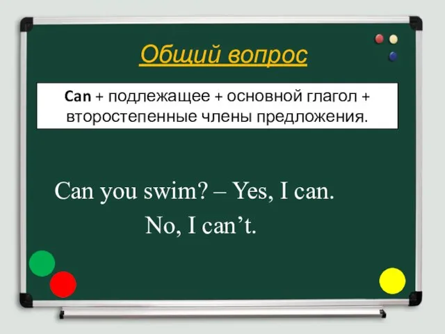 Общий вопрос Can you swim? – Yes, I can. No, I can’t.