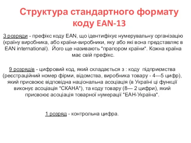 Структура стандартного формату коду EAN-13 3 розряди - префікс коду EAN,