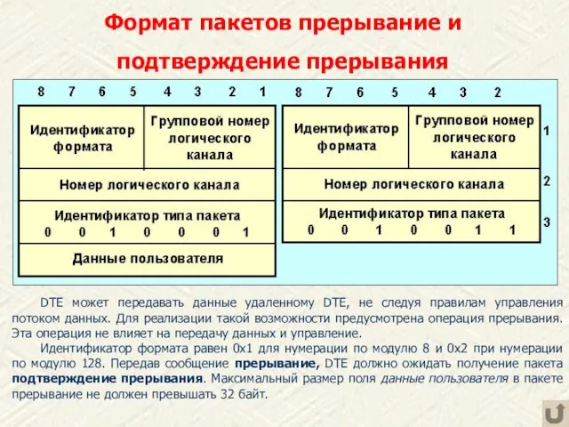 Формат пакетов прерывание и подтверждение прерывания DTE может передавать данные удаленному