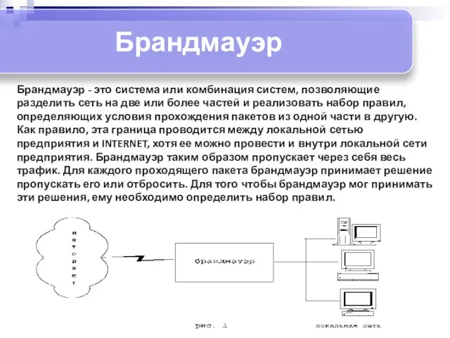 Брандмауэр Брандмауэр - это система или комбинация систем, позволяющие разделить сеть