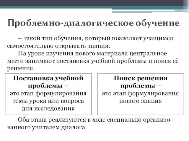 Проблемно-диалогическое обучение – такой тип обучения, который позволяет учащимся самостоятельно открывать