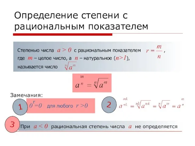 Определение степени с рациональным показателем Степенью числа а > 0 с