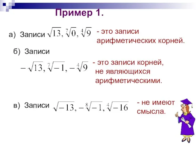 Пример 1. а) Записи - это записи арифметических корней. б) Записи