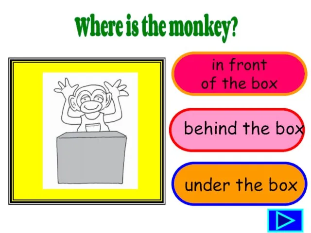 in front of the box Where is the monkey? behind the box under the box