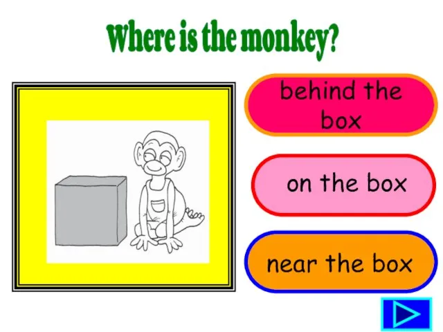 behind the box Where is the monkey? on the box near the box