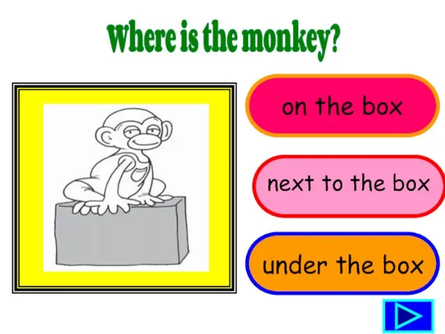 on the box Where is the monkey? next to the box under the box