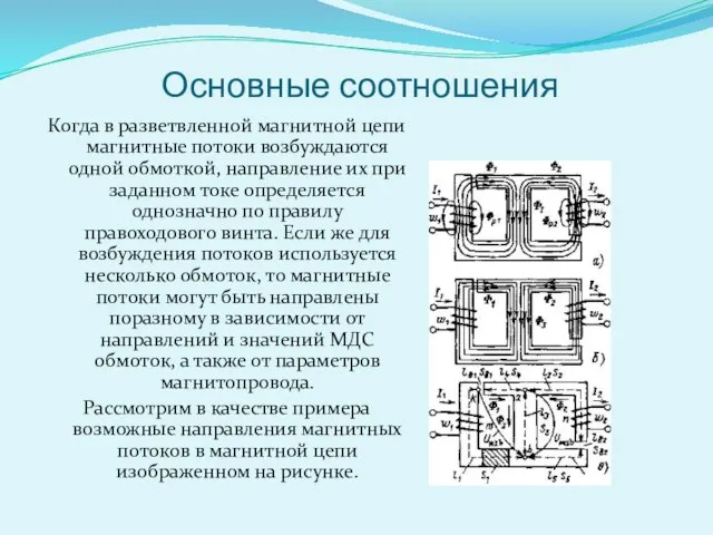 Основные соотношения Когда в разветвленной магнитной цепи магнитные потоки возбуждаются одной