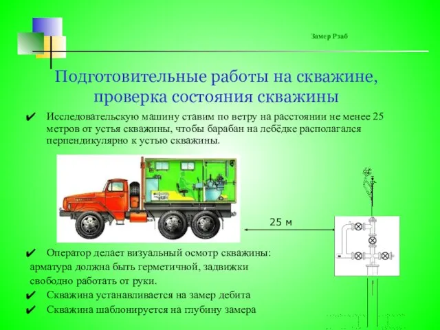 Подготовительные работы на скважине, проверка состояния скважины Исследовательскую машину ставим по