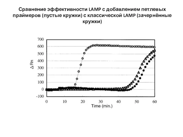 Сравнение эффективности LAMP с добавлением петлевых праймеров (пустые кружки) с классической LAMP (зачернённые кружки)