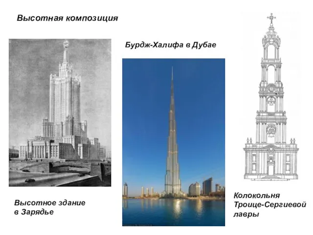 Колокольня Троице-Сергиевой лавры Высотное здание в Зарядье Бурдж-Халифа в Дубае Высотная композиция