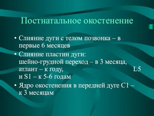 Постнатальное окостенение Слияние дуги с телом позвонка – в первые 6