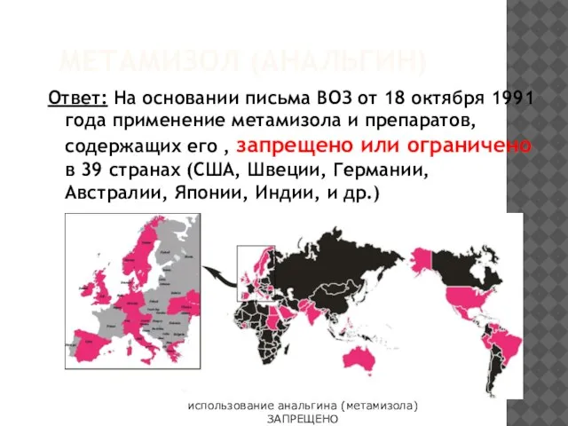 МЕТАМИЗОЛ (АНАЛЬГИН) Ответ: На основании письма ВОЗ от 18 октября 1991