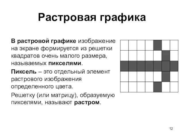 Растровая графика В растровой графике изображение на экране формируется из решетки