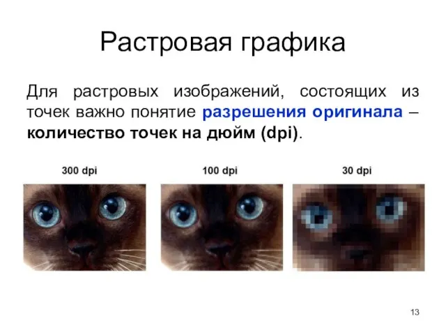 Растровая графика Для растровых изображений, состоящих из точек важно понятие разрешения