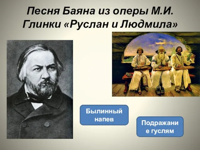 Песня Баяна из оперы М.И.Глинки «Руслан и Людмила» Былинный напев Подражание гуслям