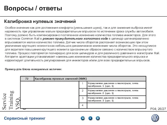 Service Training VSQ, 06.2007 Вопросы / ответы Калибровка нулевых значений Особое