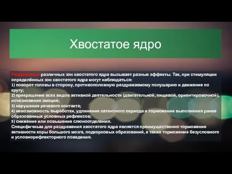 Хвостатое ядро Раздражение различных зон хвостатого ядра вызывает разные эффекты. Так,