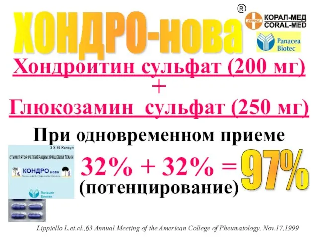 Хондроитин сульфат (200 мг) + Глюкозамин сульфат (250 мг) При одновременном