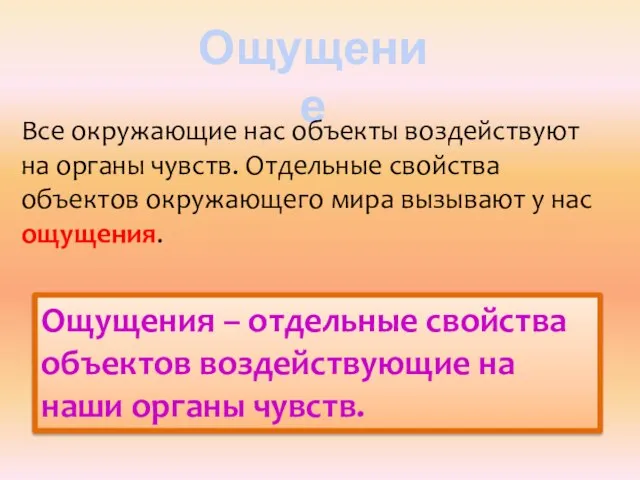 Ощущение Все окружающие нас объекты воздействуют на органы чувств. Отдельные свойства