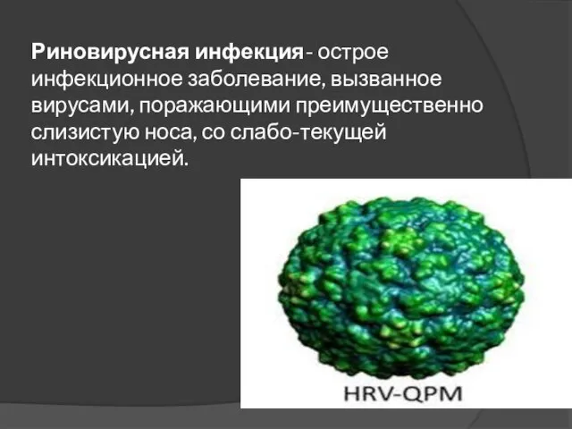 Риновирусная инфекция- острое инфекционное заболевание, вызванное вирусами, поражающими преимущественно слизистую носа, со слабо-текущей интоксикацией.