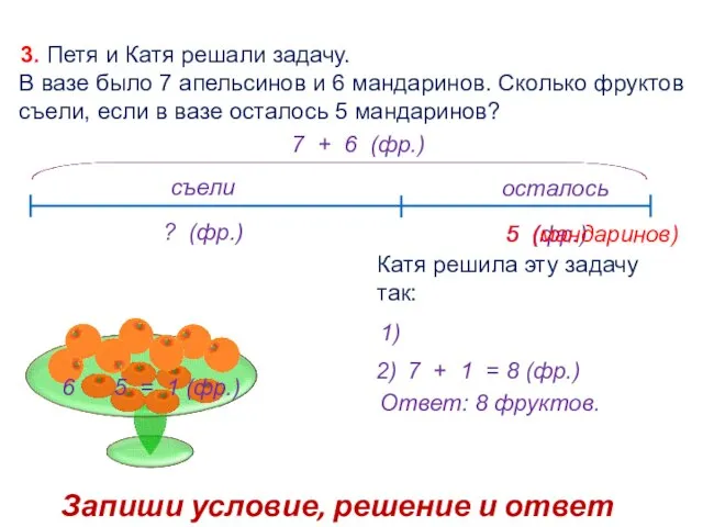 3. Петя и Катя решали задачу. В вазе было 7 апельсинов