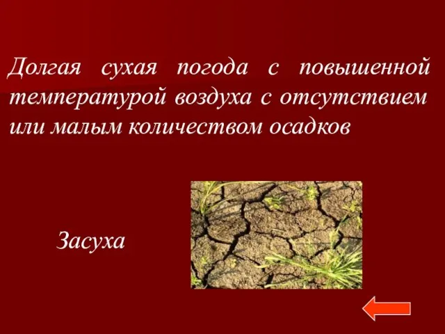 Долгая сухая погода с повышенной температурой воздуха с отсутствием или малым количеством осадков Засуха