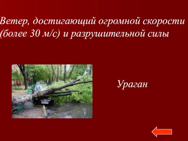 Ветер, достигающий огромной скорости (более 30 м/с) и разрушительной силы Ураган