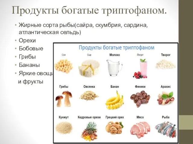 Продукты богатые триптофаном. Жирные сорта рыбы(сайра, скумбрия, сардина, атлантическая сельдь) Орехи