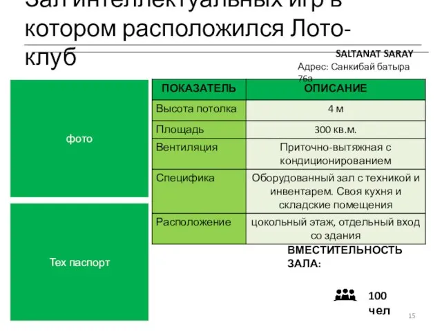 Зал интеллектуальных игр в котором расположился Лото- клуб SALTANAT SARAY Адрес: