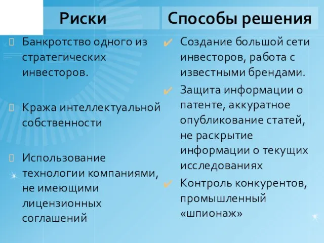 Риски Банкротство одного из стратегических инвесторов. Кража интеллектуальной собственности Использование технологии