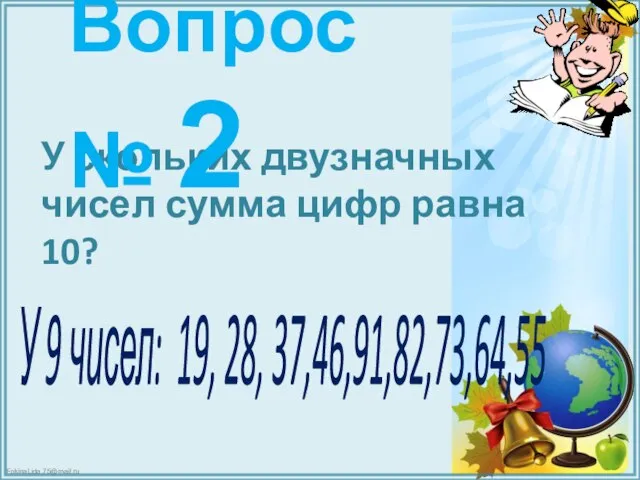 У скольких двузначных чисел сумма цифр равна 10? Вопрос № 2