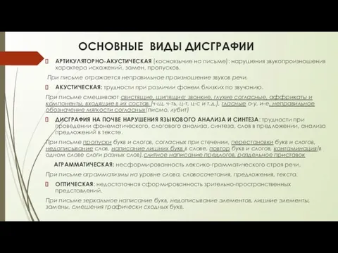 ОСНОВНЫЕ ВИДЫ ДИСГРАФИИ АРТИКУЛЯТОРНО-АКУСТИЧЕСКАЯ (косноязычие на письме): нарушения звукопроизношения характера искажений,