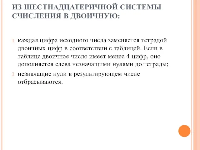 ИЗ ШЕСТНАДЦАТЕРИЧНОЙ СИСТЕМЫ СЧИСЛЕНИЯ В ДВОИЧНУЮ: каждая цифра исходного числа заменяется