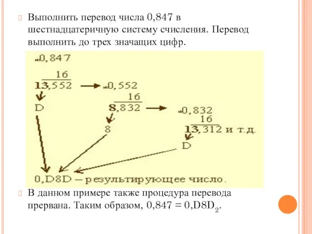 Выполнить перевод числа 0,847 в шестнадцатеричную систему счисления. Перевод выполнить до