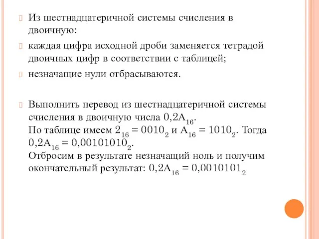 Из шестнадцатеричной системы счисления в двоичную: каждая цифра исходной дроби заменяется