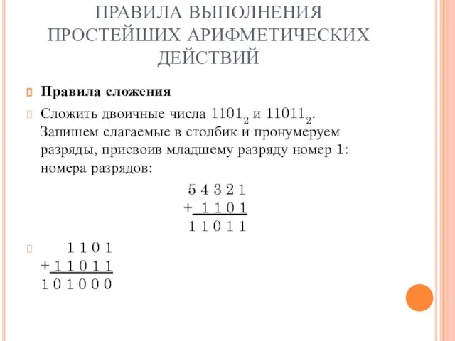 ПРАВИЛА ВЫПОЛНЕНИЯ ПРОСТЕЙШИХ АРИФМЕТИЧЕСКИХ ДЕЙСТВИЙ Правила сложения Сложить двоичные числа 11012