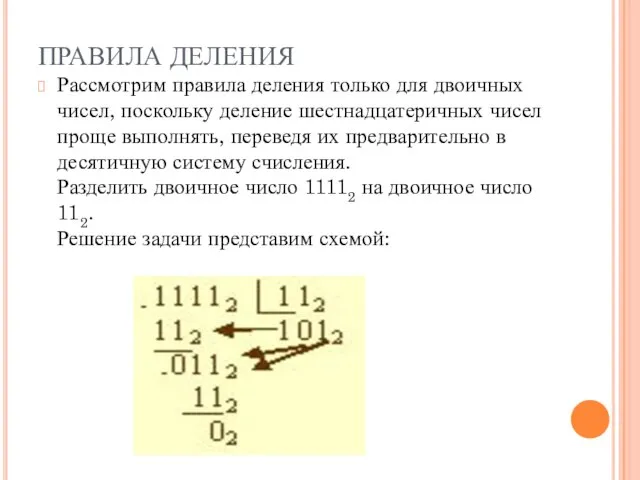 ПРАВИЛА ДЕЛЕНИЯ Рассмотрим правила деления только для двоичных чисел, поскольку деление