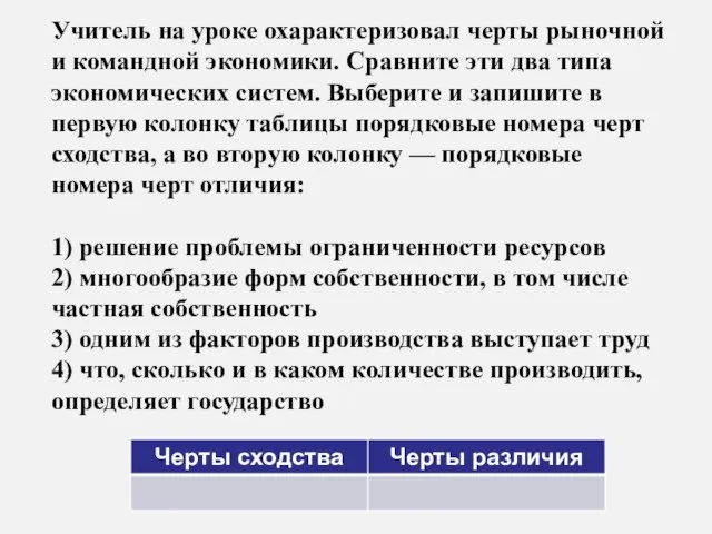 Учитель на уроке охарактеризовал черты рыночной и командной экономики. Сравните эти