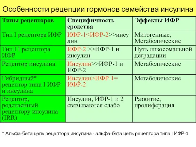 Особенности рецепции гормонов семейства инсулина * Альфа-бета цепь рецептора инсулина -