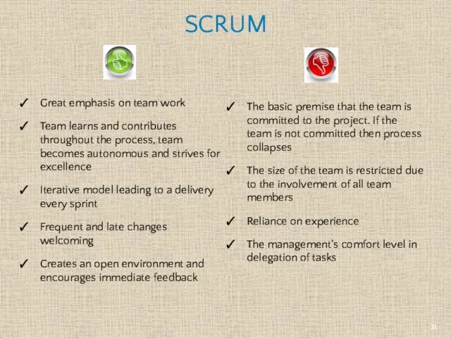 SCRUM Great emphasis on team work Team learns and contributes throughout