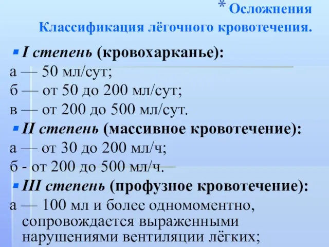 Осложнения Классификация лёгочного кровотечения. I степень (кровохарканье): а — 50 мл/сут;