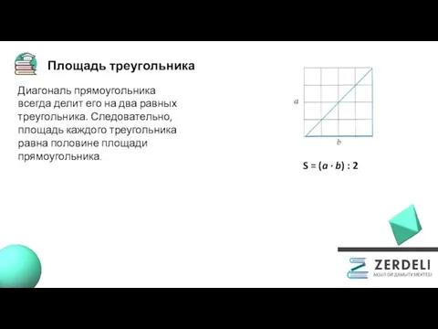 Площадь треугольника Диагональ прямоугольника всегда делит его на два равных треугольника.