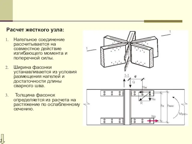 Расчет жесткого узла: Нагельное соединение рассчитывается на совместное действие изгибающего момента