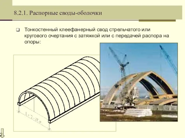 8.2.1. Распорные своды-оболочки Тонкостенный клеефанерный свод стрельчатого или кругового очертания с