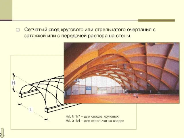 Сетчатый свод кругового или стрельчатого очертания с затяжкой или с передачей распора на стены: