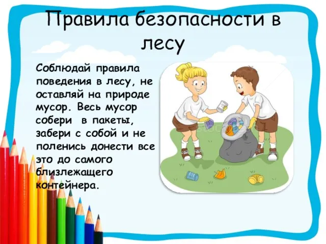 Правила безопасности в лесу Соблюдай правила поведения в лесу, не оставляй