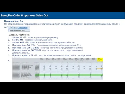 Ввод Pre-Order & прогноза Sales Out Вкладка Sales Out На этой